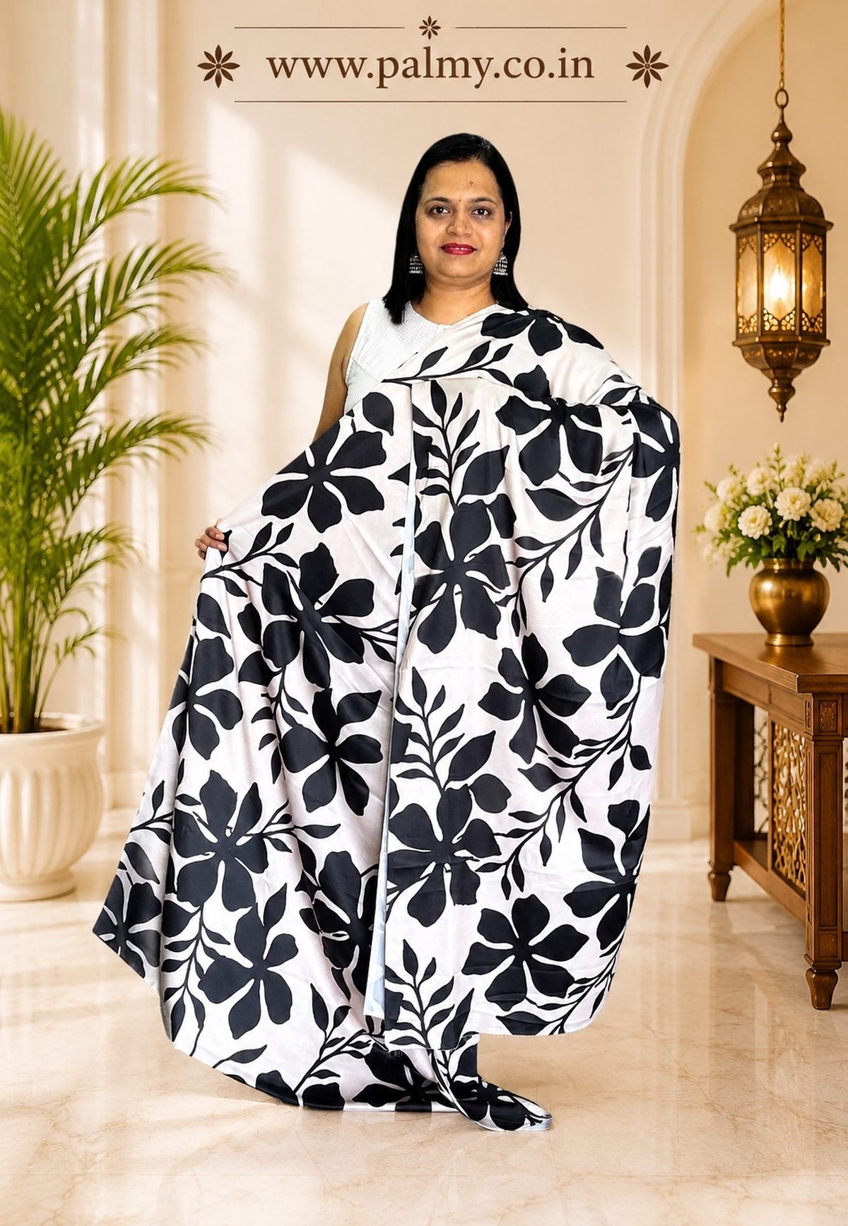 Ivory Satin Silk Saree with Black Floral Print