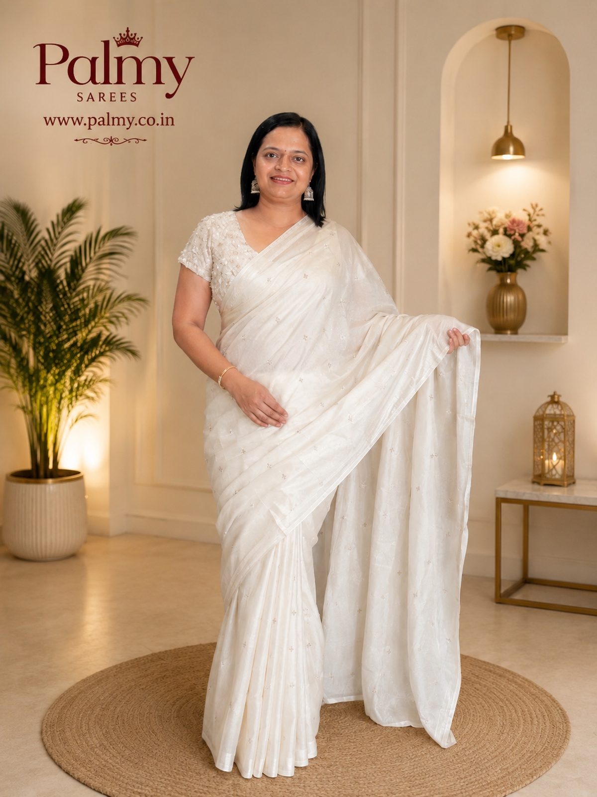 Ivory Space Fendy Satin Saree with Multi Sequin Work & Heavy Embroidered Blouse