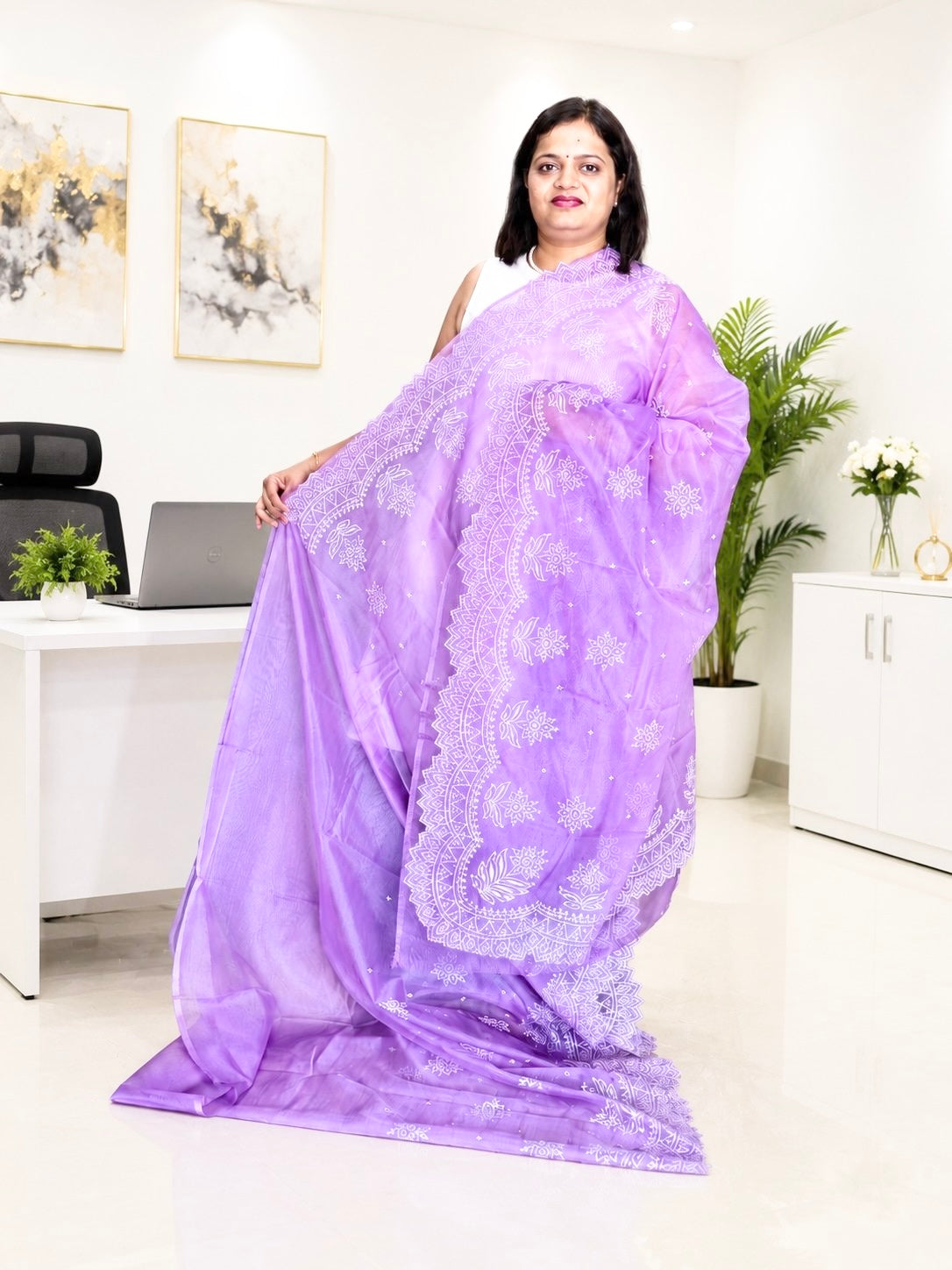 Lavender Banarasi Organza Silk Saree with Embroidery Work