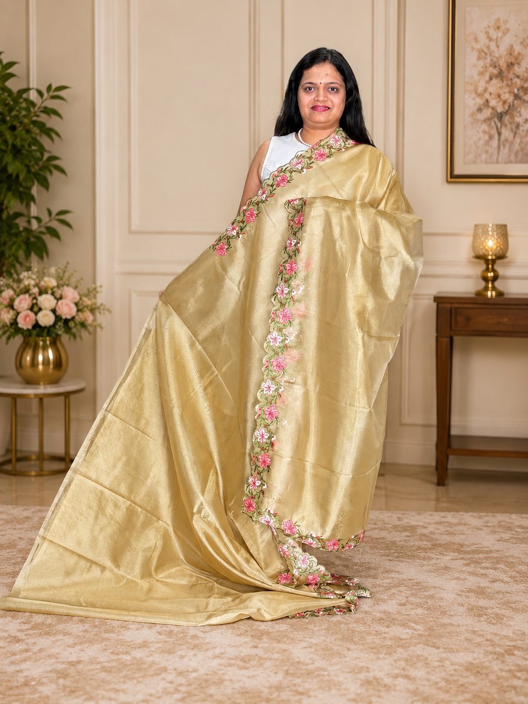 Light Gold Plain Banarasi Tissue Silk Saree with Floral Cutwork Border