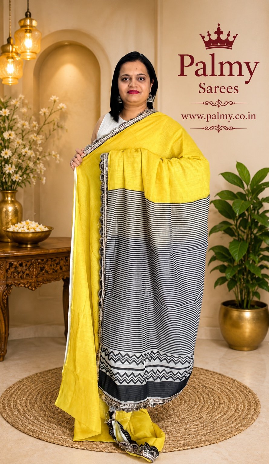 Lime Yellow Linen Saree with Black Scalloped Sequin Lace Border & Striped Pallu
