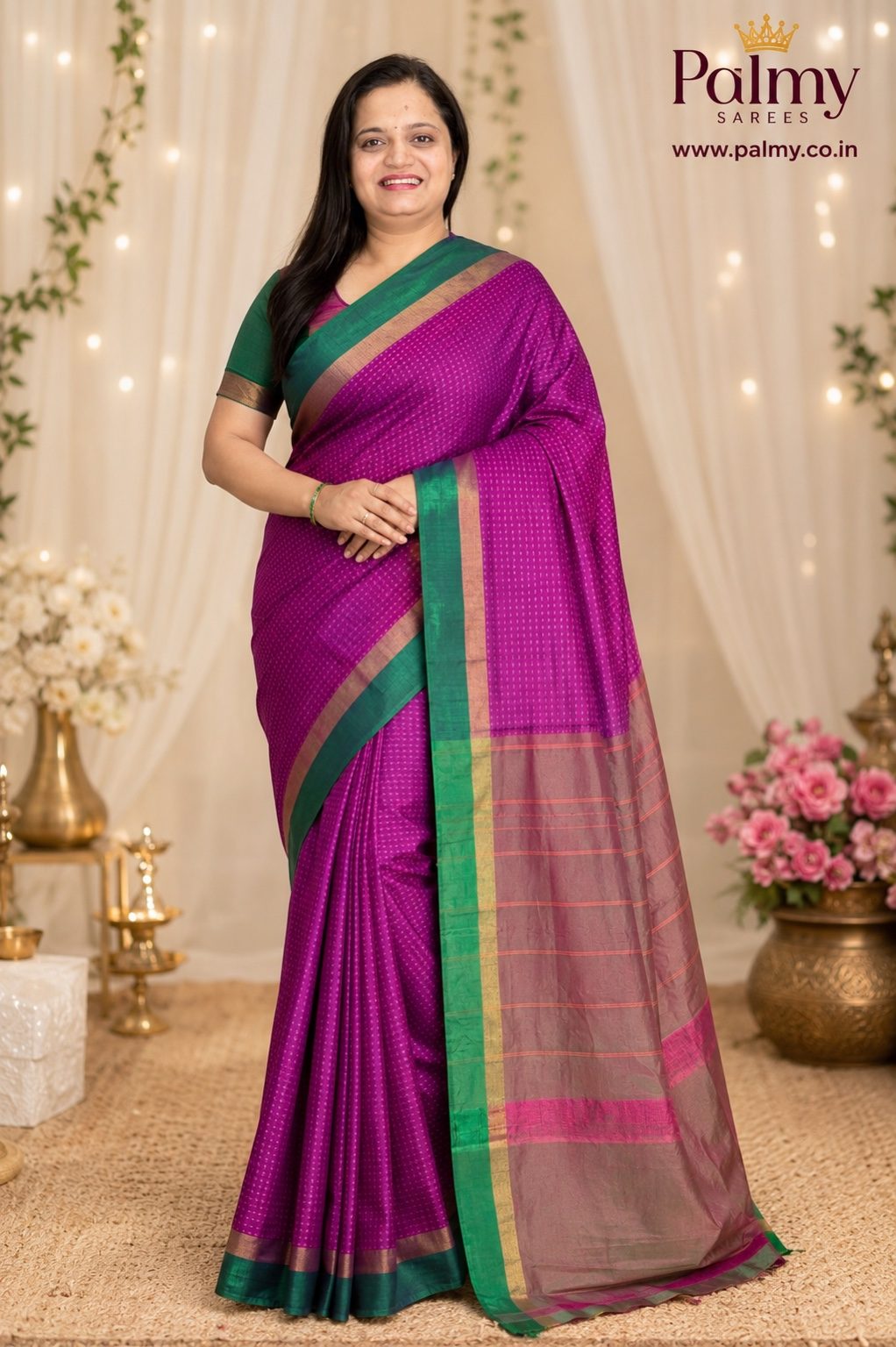 Magenta Purple Arani Pattu Thread Butta Saree with Emerald Green Border