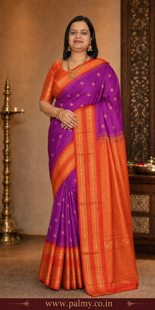 Magenta Purple Kanchi Korvai Silk Saree with 8-Inch Broad Orange-Red Zari Border