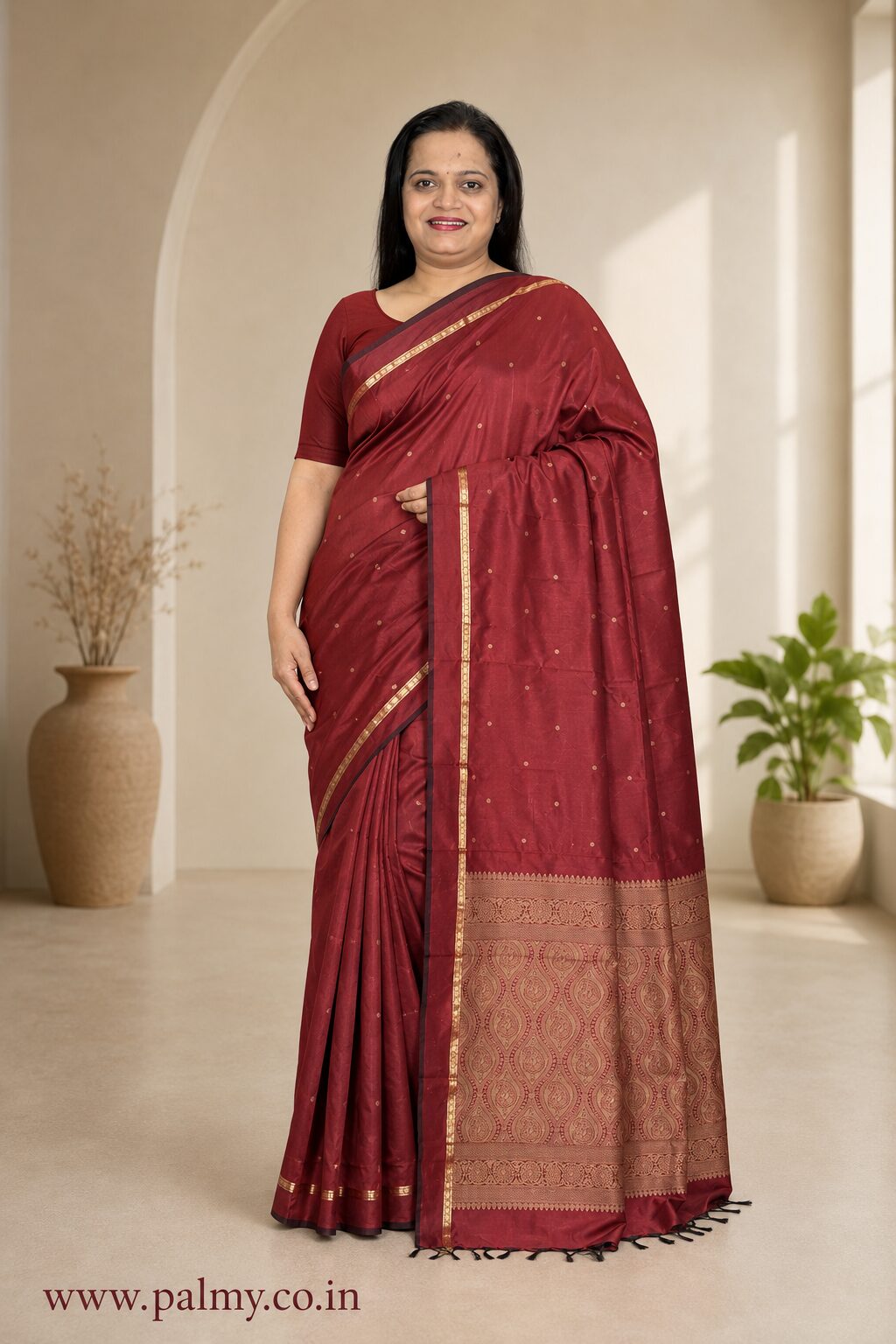 Maroon Kanchi Silk Saree with Gold Zari Buttas, Rich Pallu & Blouse