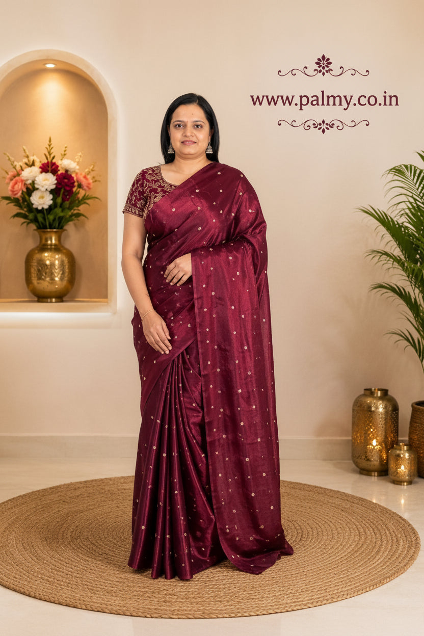 Maroon Space Fendy Satin Saree with Multi Sequin Work & Heavy Embroidered Blouse
