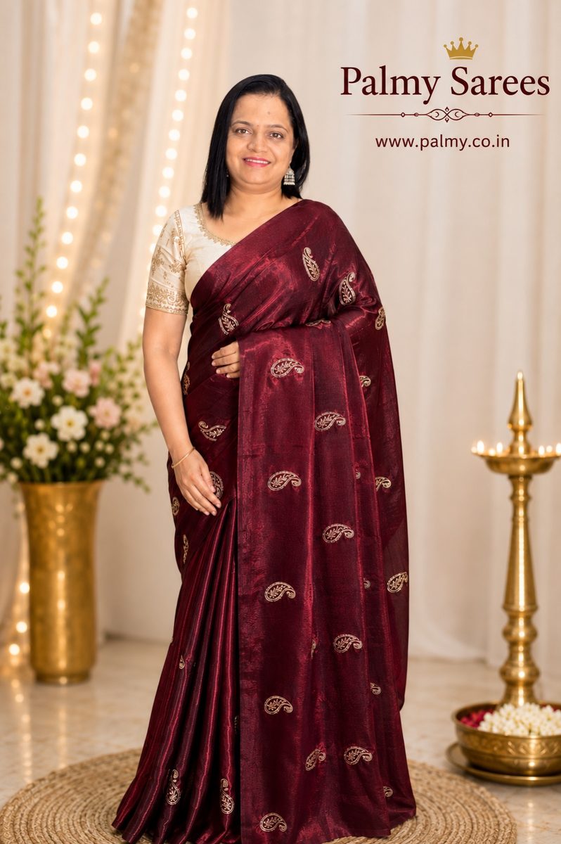 Maroon Space Satin Bits Sequence Full Worked Saree with Contrast Blouse Piece