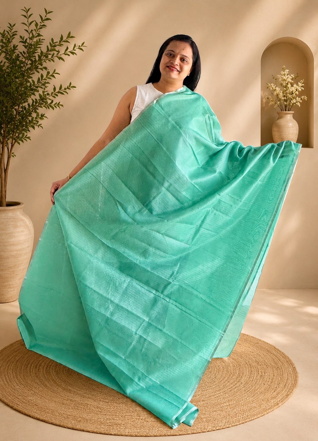 Pastel Mint Green Banarasi Cotton Tissue Soft Silk Saree with Silver Zari Stripes
