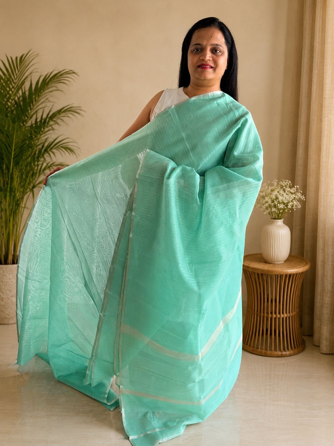 Pastel Mint Green Banarasi Cotton Tissue Soft Silk Saree with Silver Zari Stripes