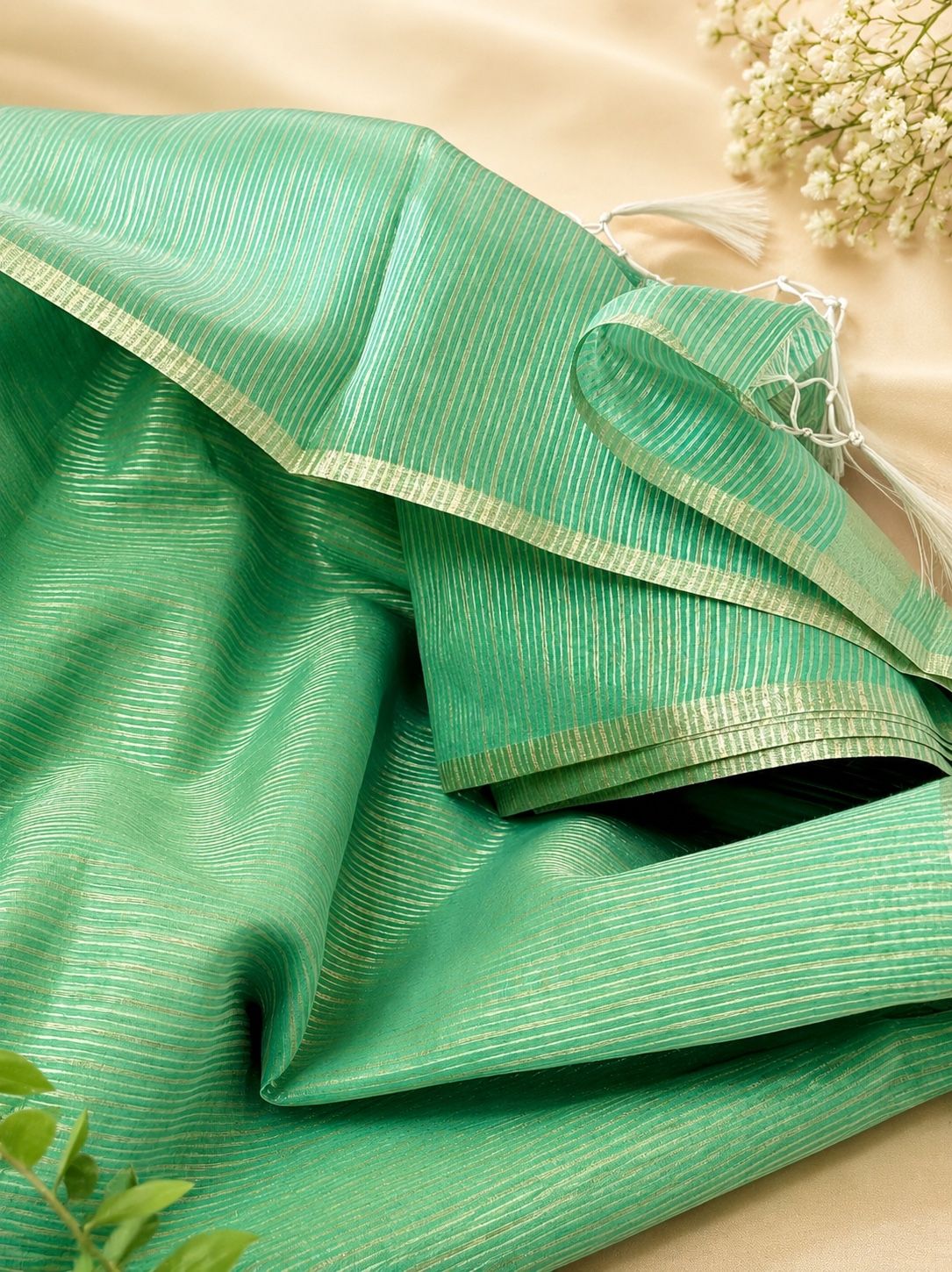 Pastel Mint Green Banarasi Cotton Tissue Soft Silk Saree with Silver Zari Stripes