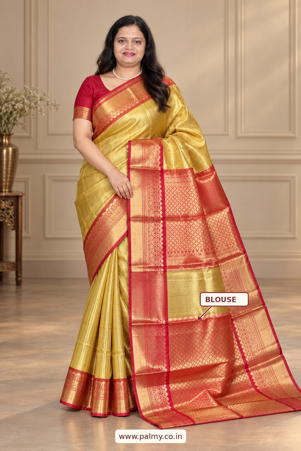 Mustard Gold Plain Banarasi Tissue Silk Saree with Red Zari Border