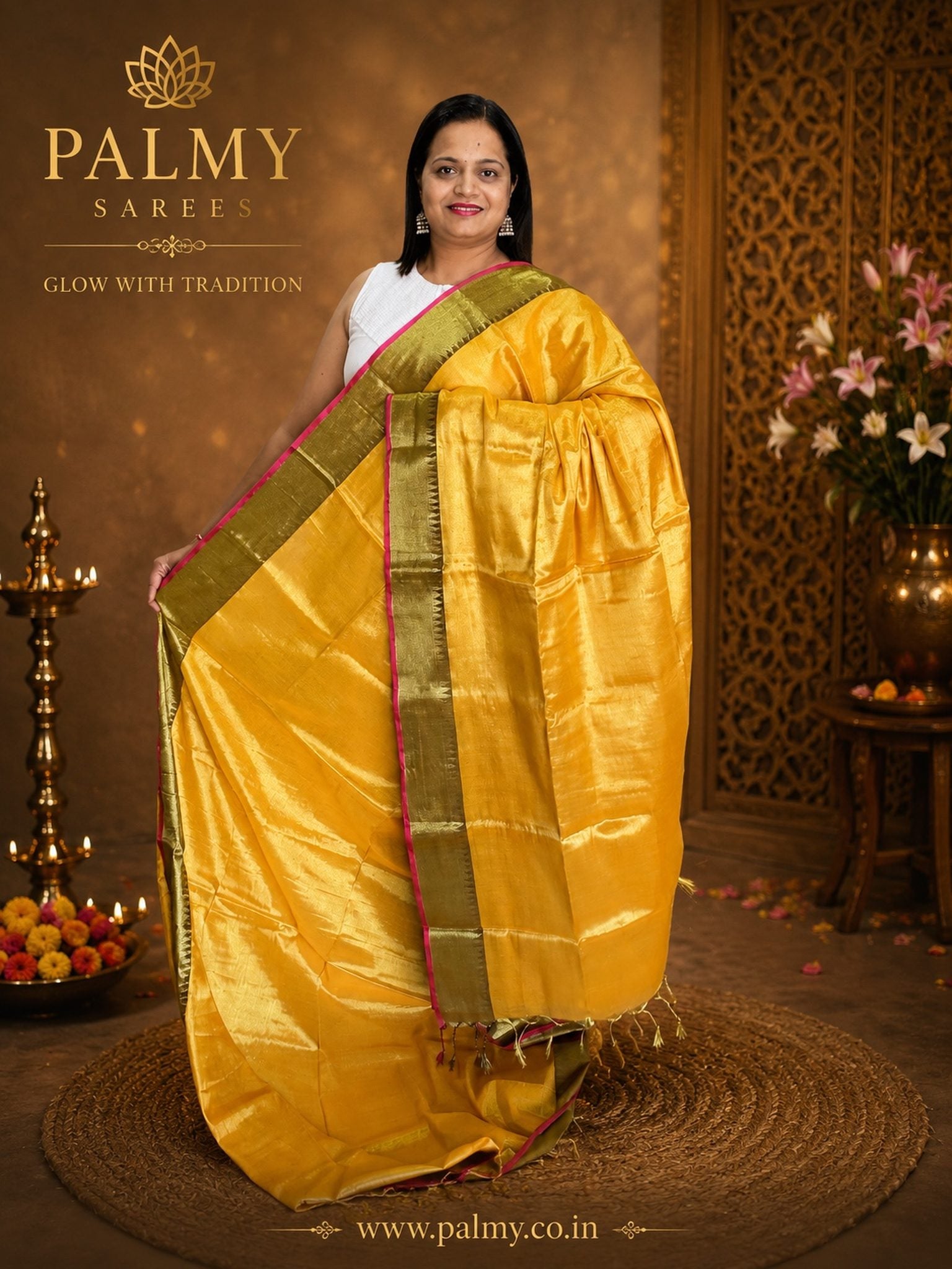 Mustard Yellow Gold Tissue Saree with Rani Pink Jacquard Temple Border