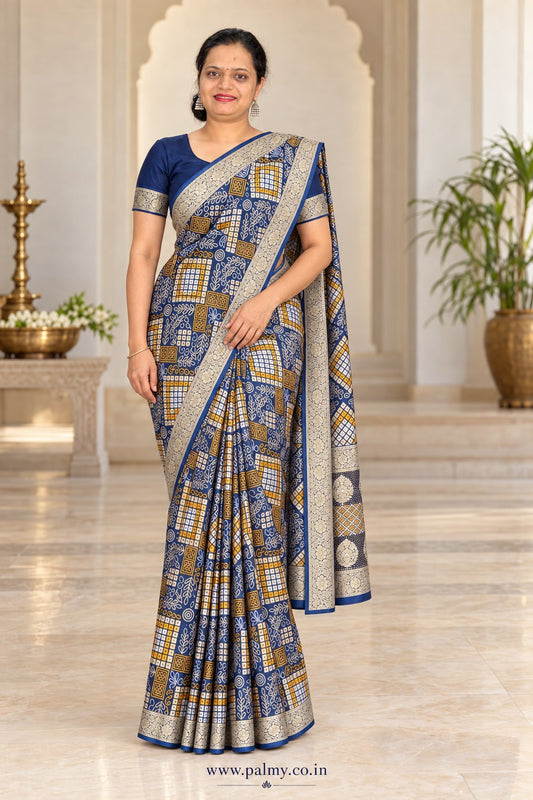 Navy Blue Bandhani Design Georgette Saree with Gold Floral Border & Blouse