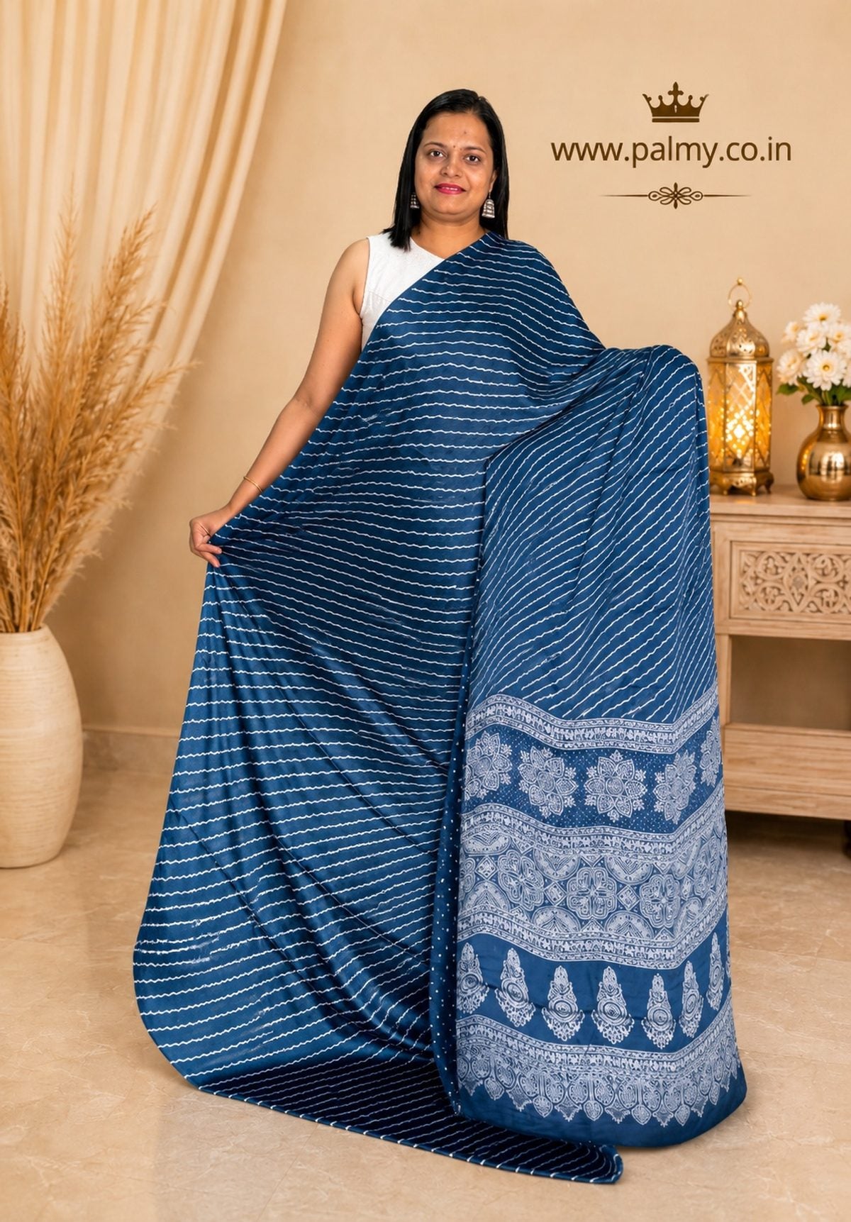 Navy Blue Modal Silk Saree with Laheriya Body, Ajrakh Pallu & Bandhani Booti Blouse | Premium Printed Saree