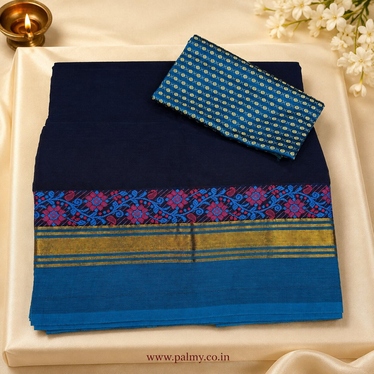 Navy Blue Plain Festive Wear South Indian cotton saree online under  3000
