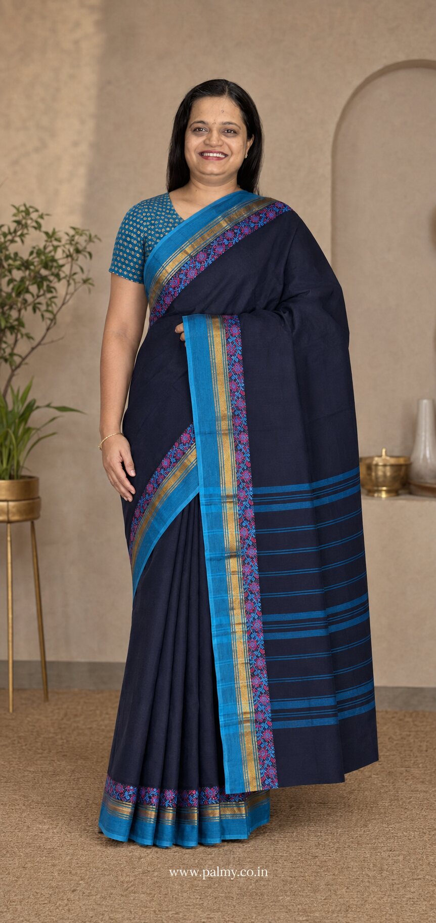 Navy Blue Pure Chettinad 80 Count Cotton Saree with Blue Floral Border & 2 Blouses