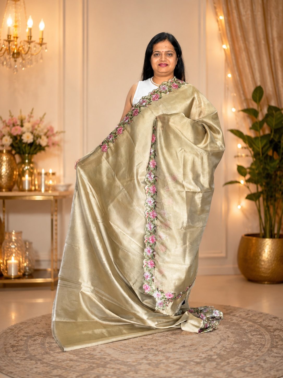 Olive Gold Plain Banarasi Tissue Silk Saree with Floral Cutwork Border