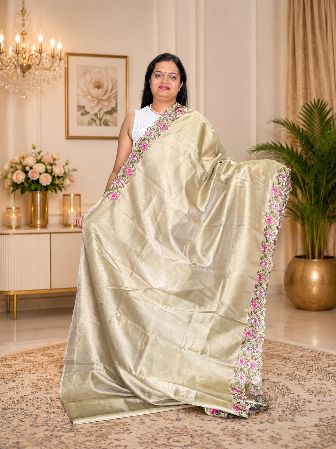 Olive Gold Plain Party Wear Saree
