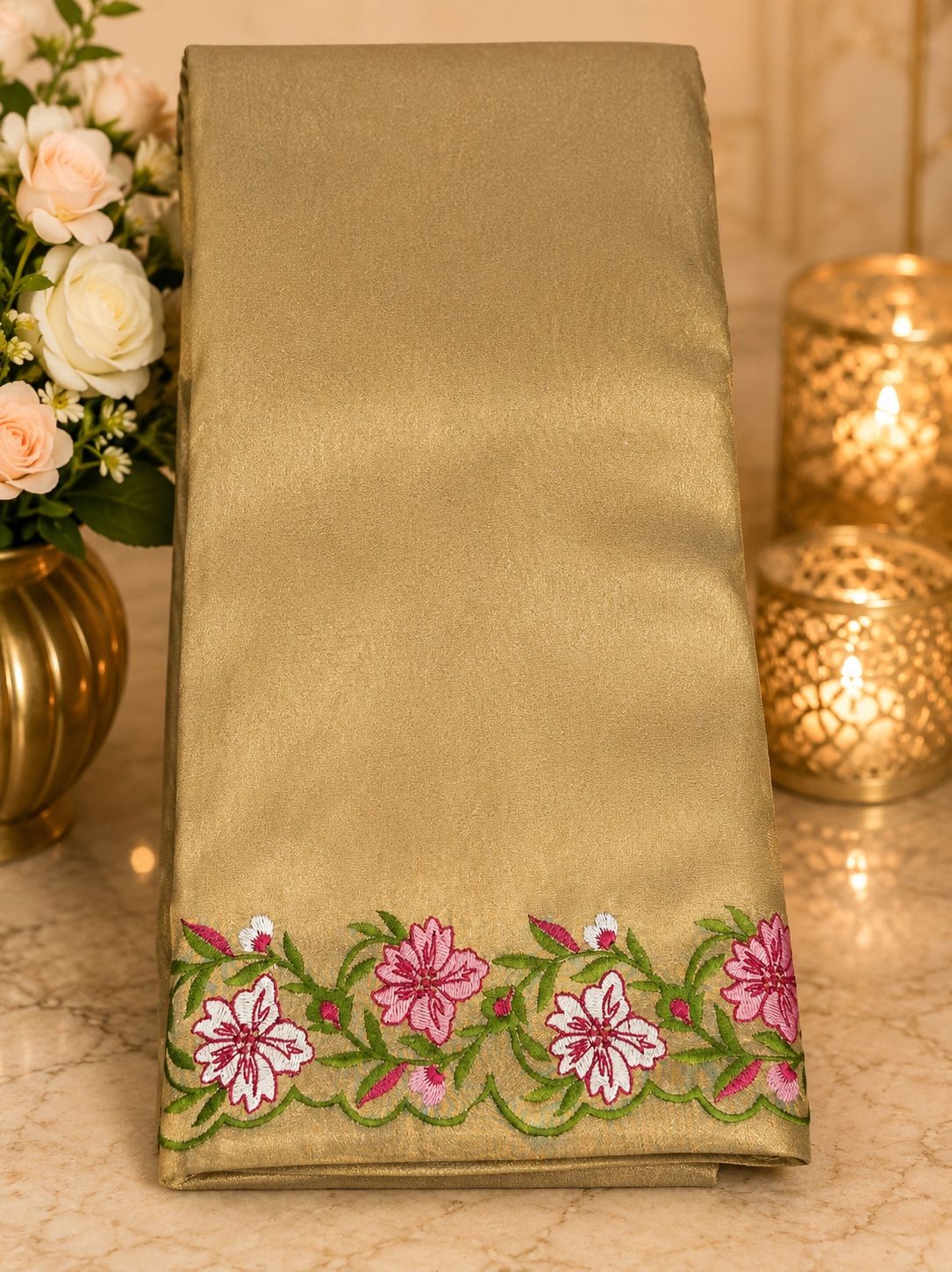 Olive Gold Plain Wedding Wear Saree
