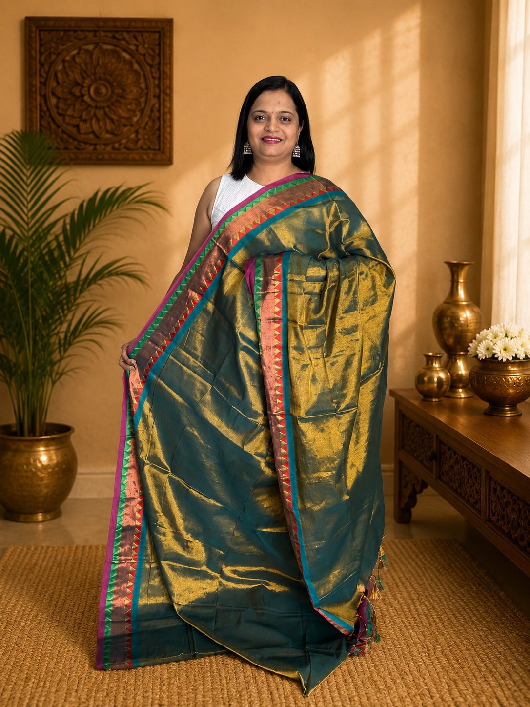 Olive Green Gold Soft Tissue Jacquard Saree with Multicolor Temple Border