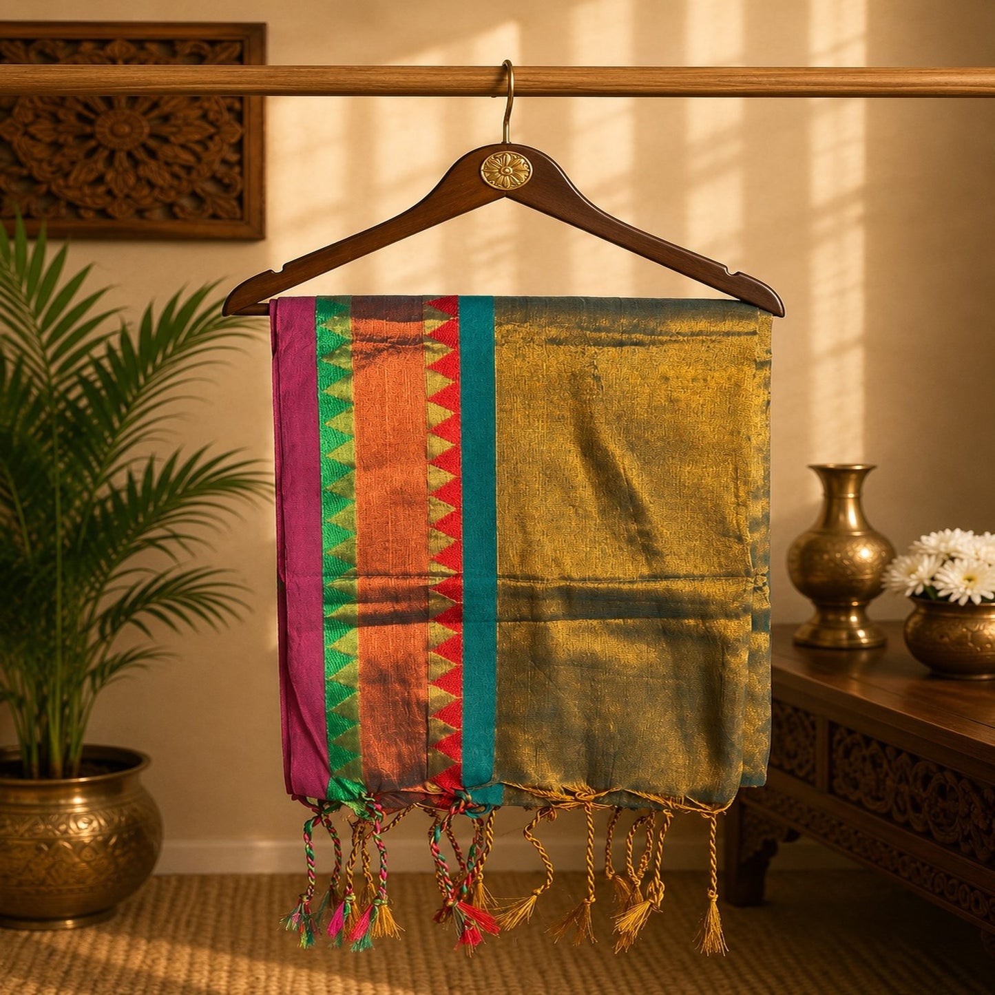 Olive Green Gold Soft Tissue Jacquard Saree with Temple Border Festive Wear