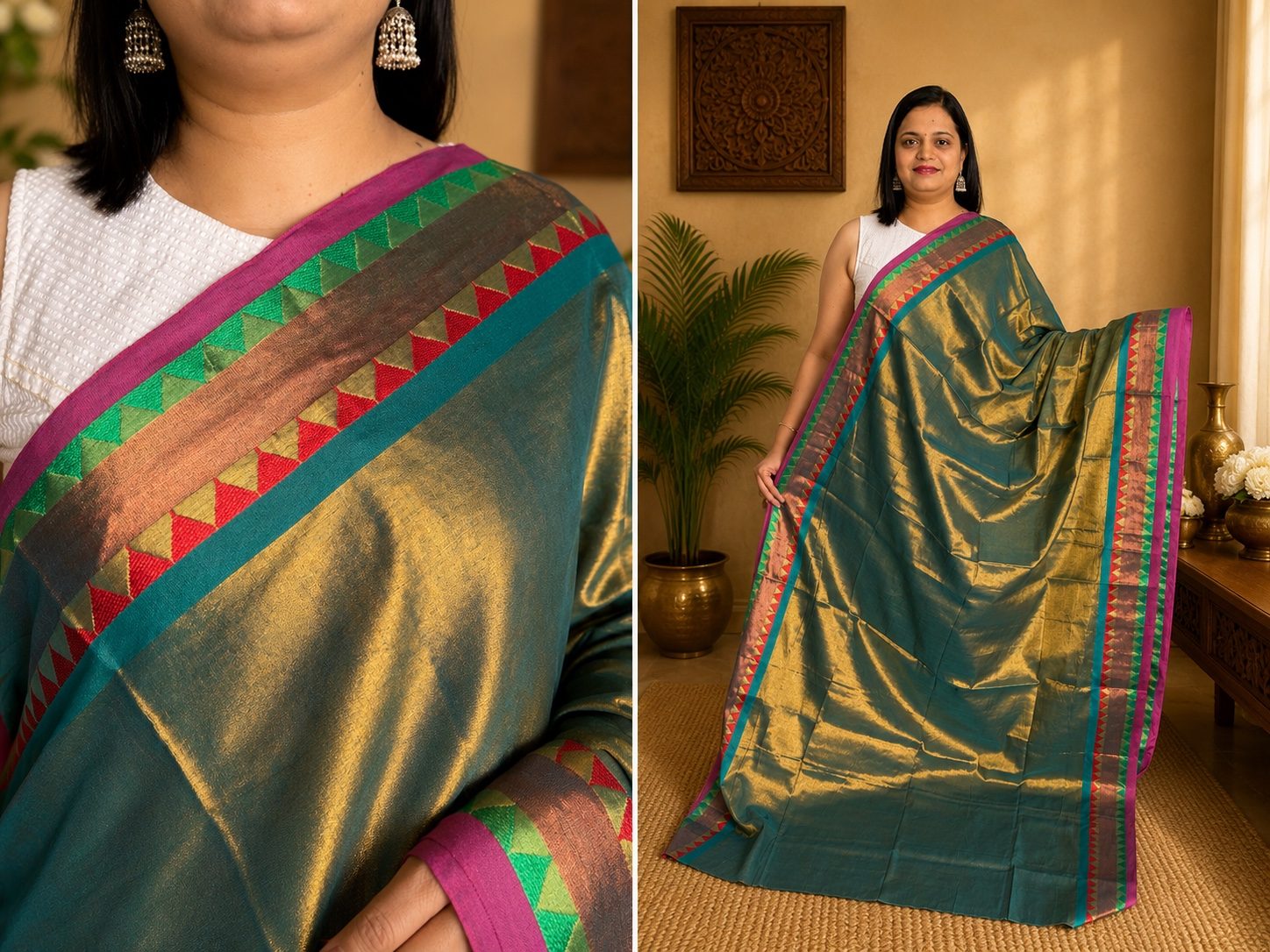 Olive Green Gold Soft Tissue Jacquard Saree with Temple Border Party Wear