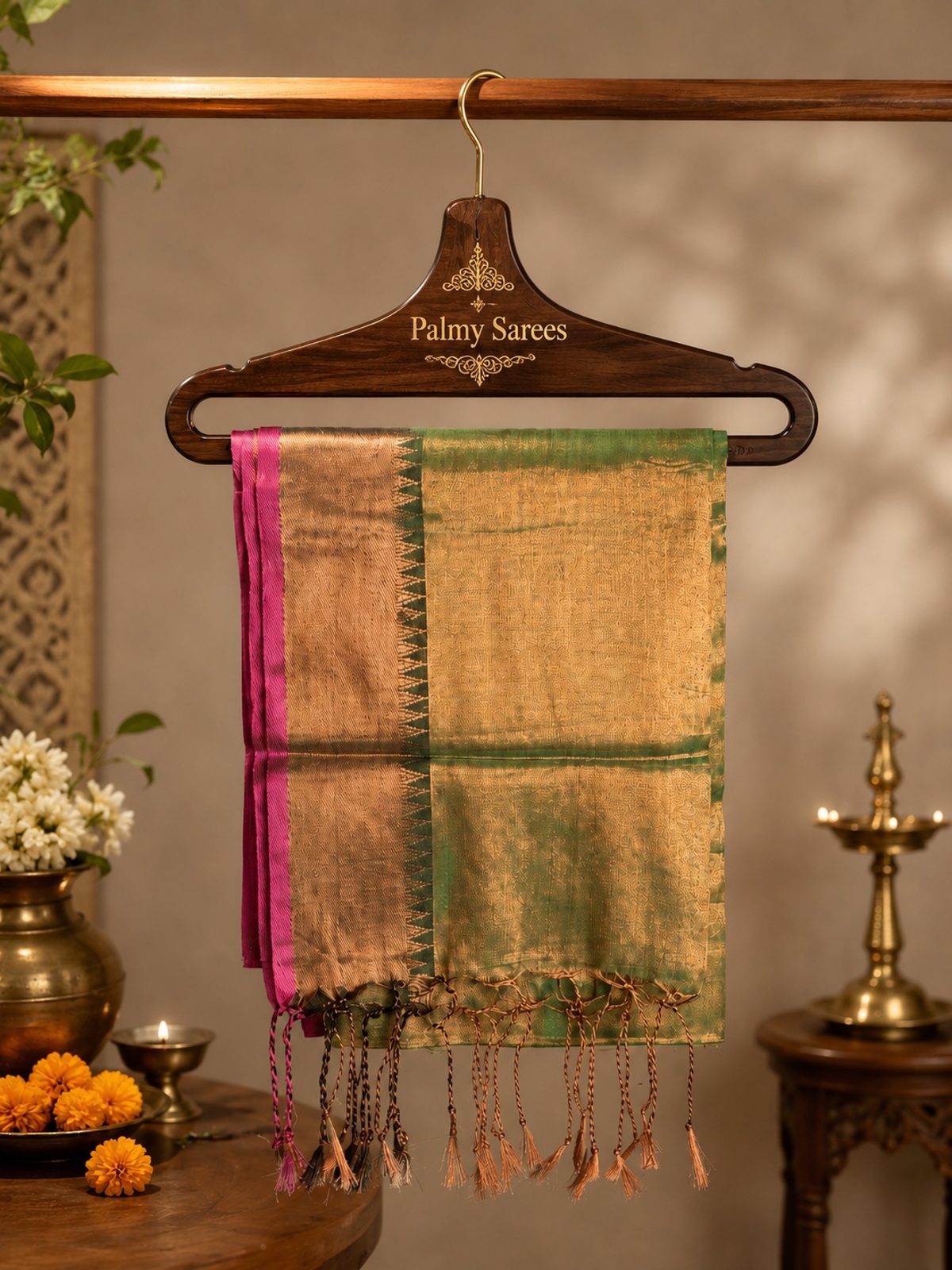 Olive Green Gold Tissue Saree Palmy Sarees