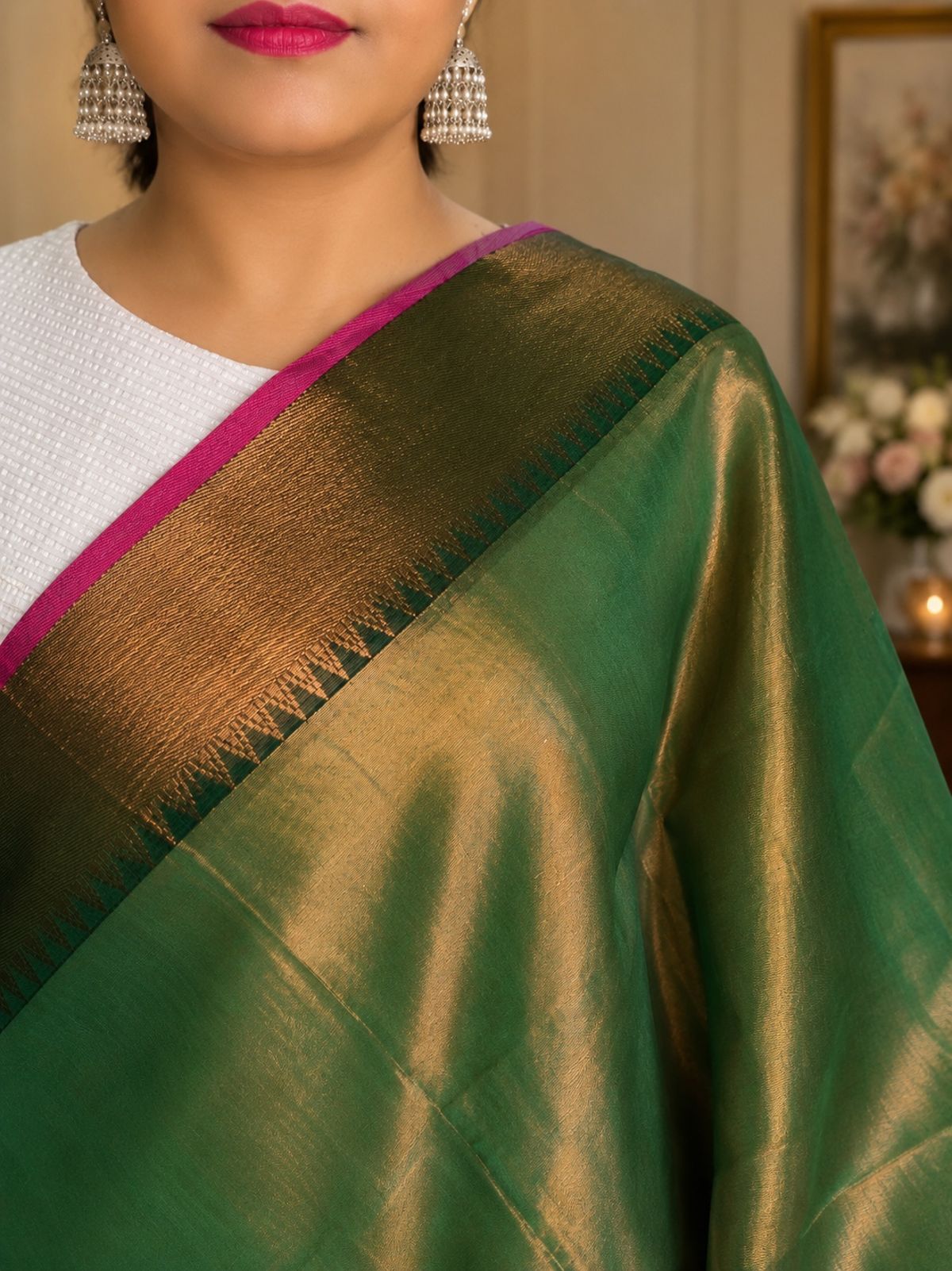 Olive Green Gold Tissue Saree with Rani Pink Jacquard Border