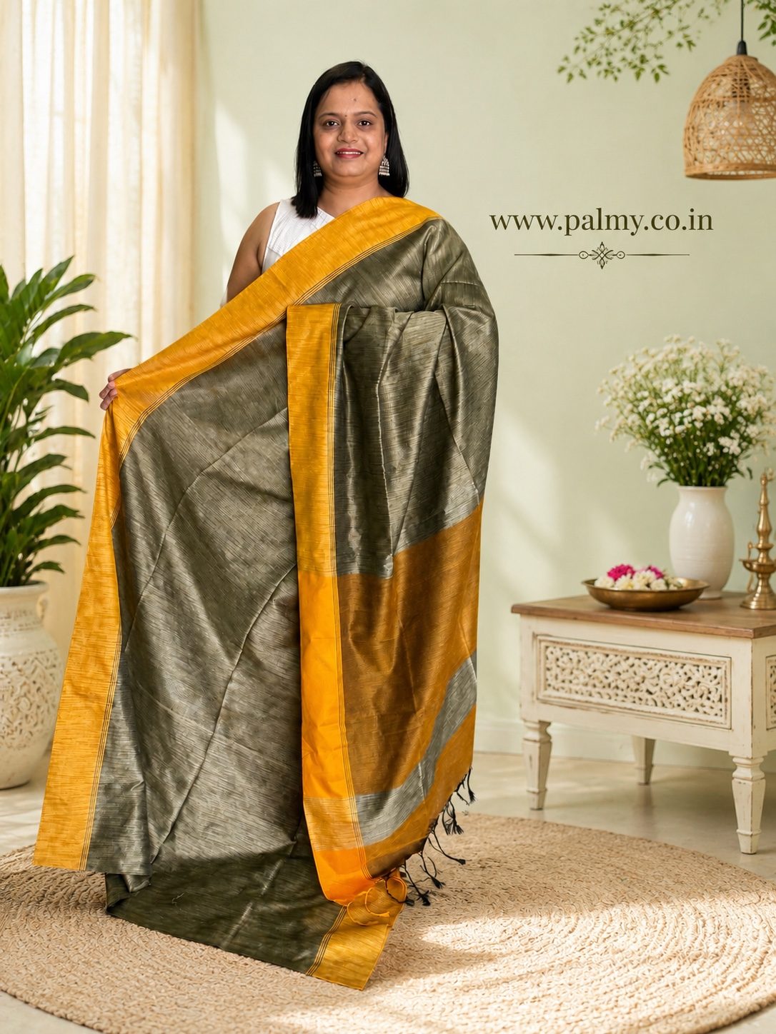 Olive Grey Soft Silk Plain Saree with Mustard Yellow Border & Rich Pallu | Palmy Sarees
