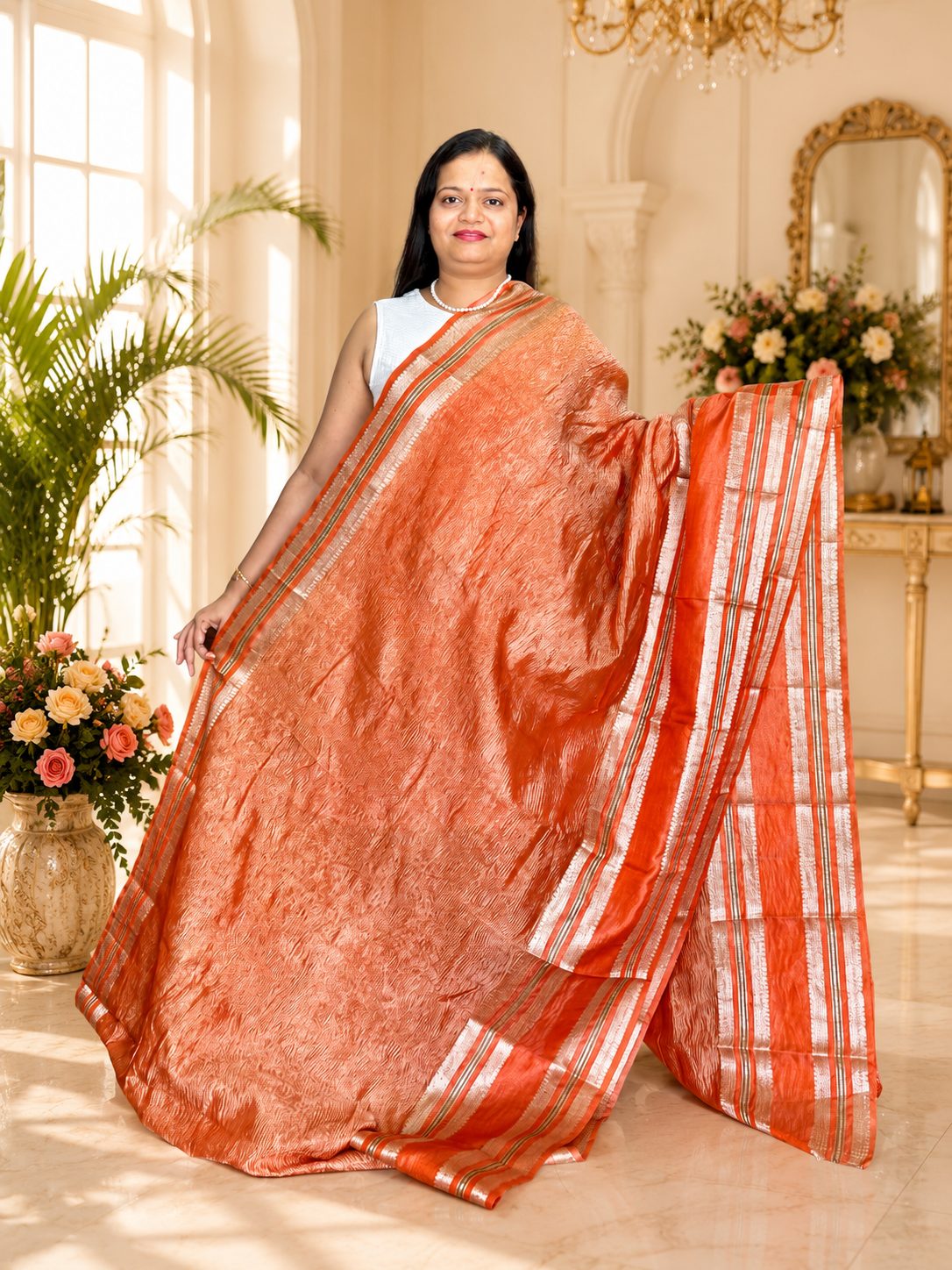 Orange Banarasi Party Wear Saree