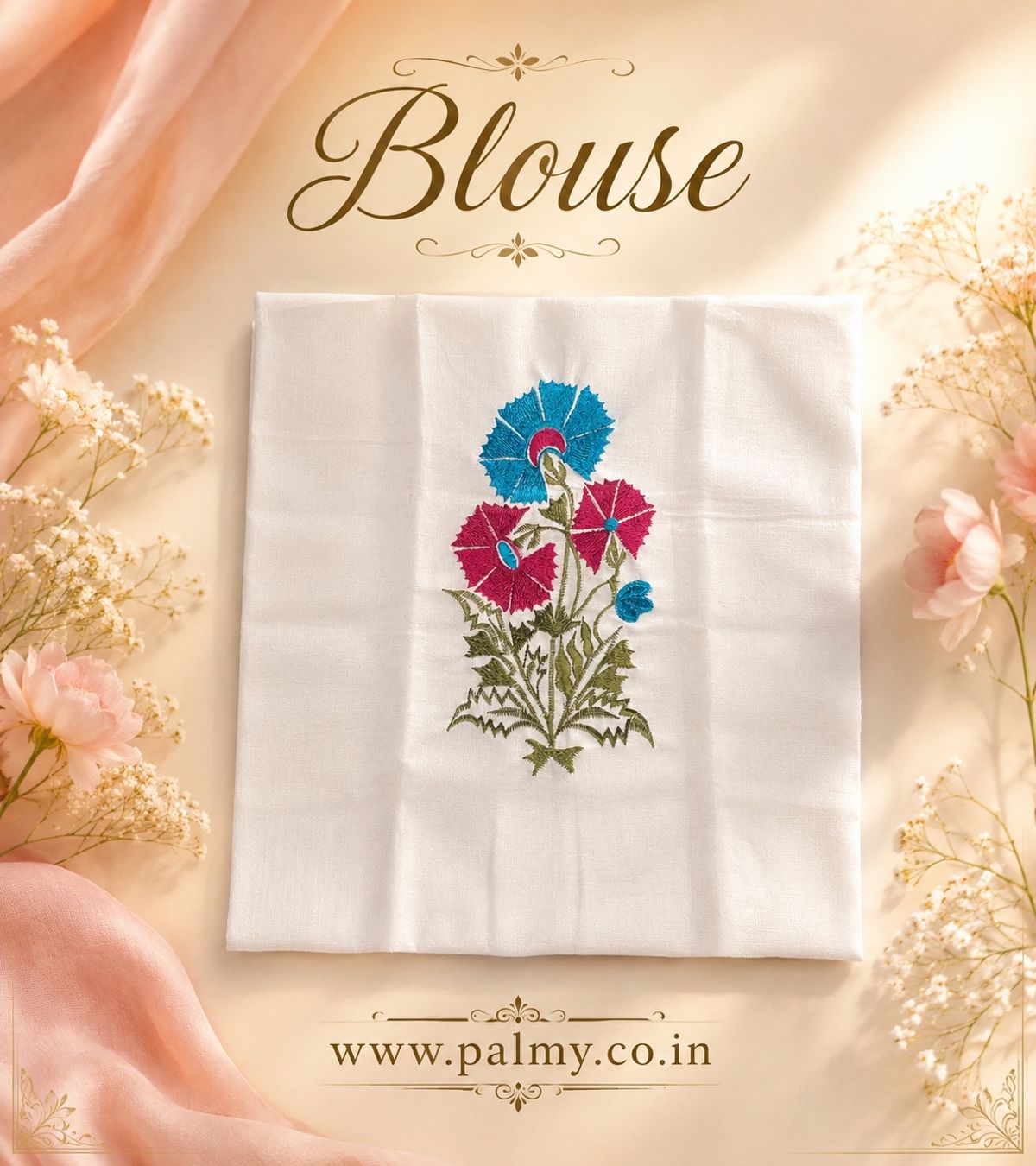 Light Sky Blue Cotton Saree with Rani Pink Heart Embroidery & White Embroidered Blouse Piece