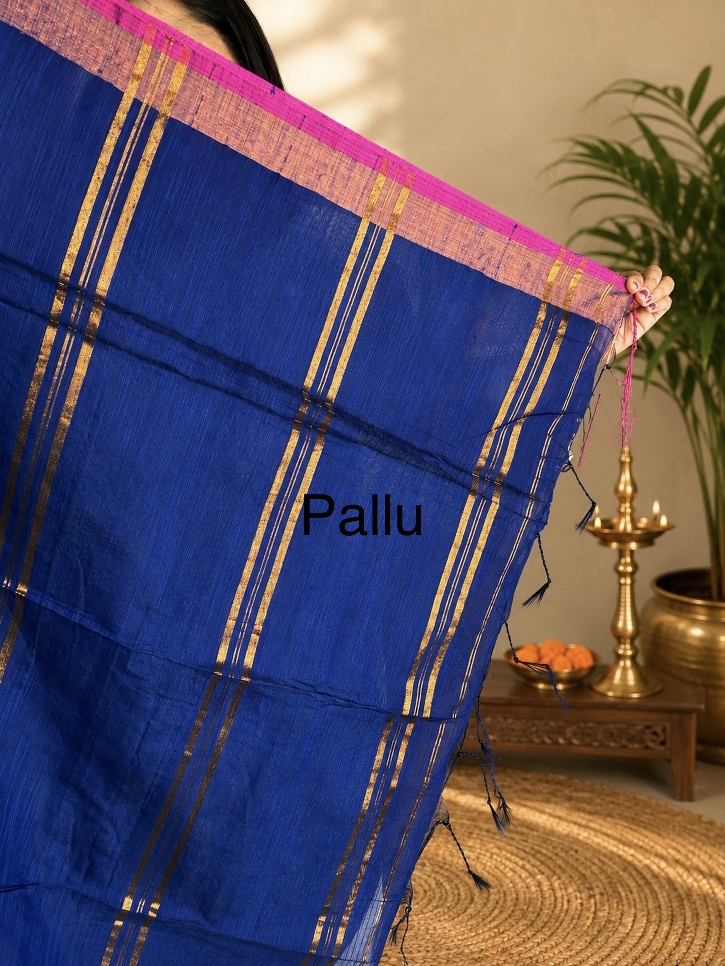 Royal Blue Cotton Silk Saree with Peacock Embroidery & Antique Gold-Rani Pink Border