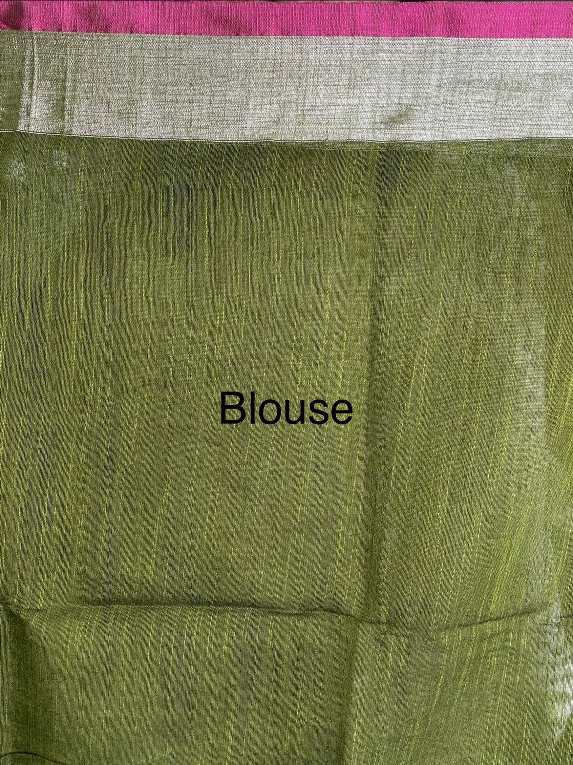Dark Olive Green (Mehendi Green) Cotton Silk Saree with Peacock Embroidery & Silver-Rani Pink Border