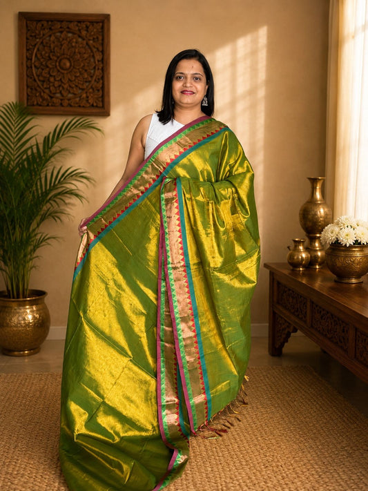 Parrot Green Gold Soft Tissue Jacquard Saree with Multicolor Temple Border