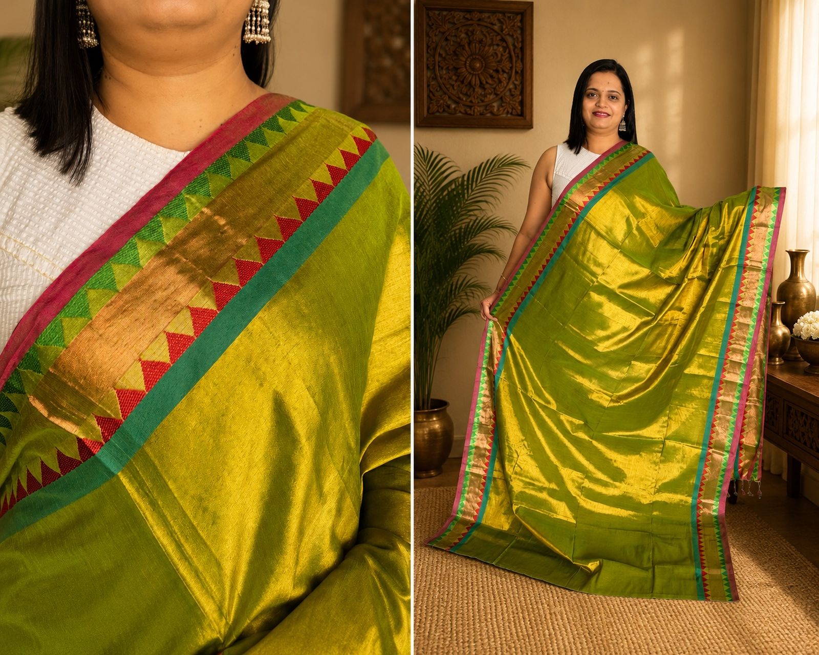 Parrot Green Gold Soft Tissue Jacquard Saree with Multicolor Temple Border Party Wear