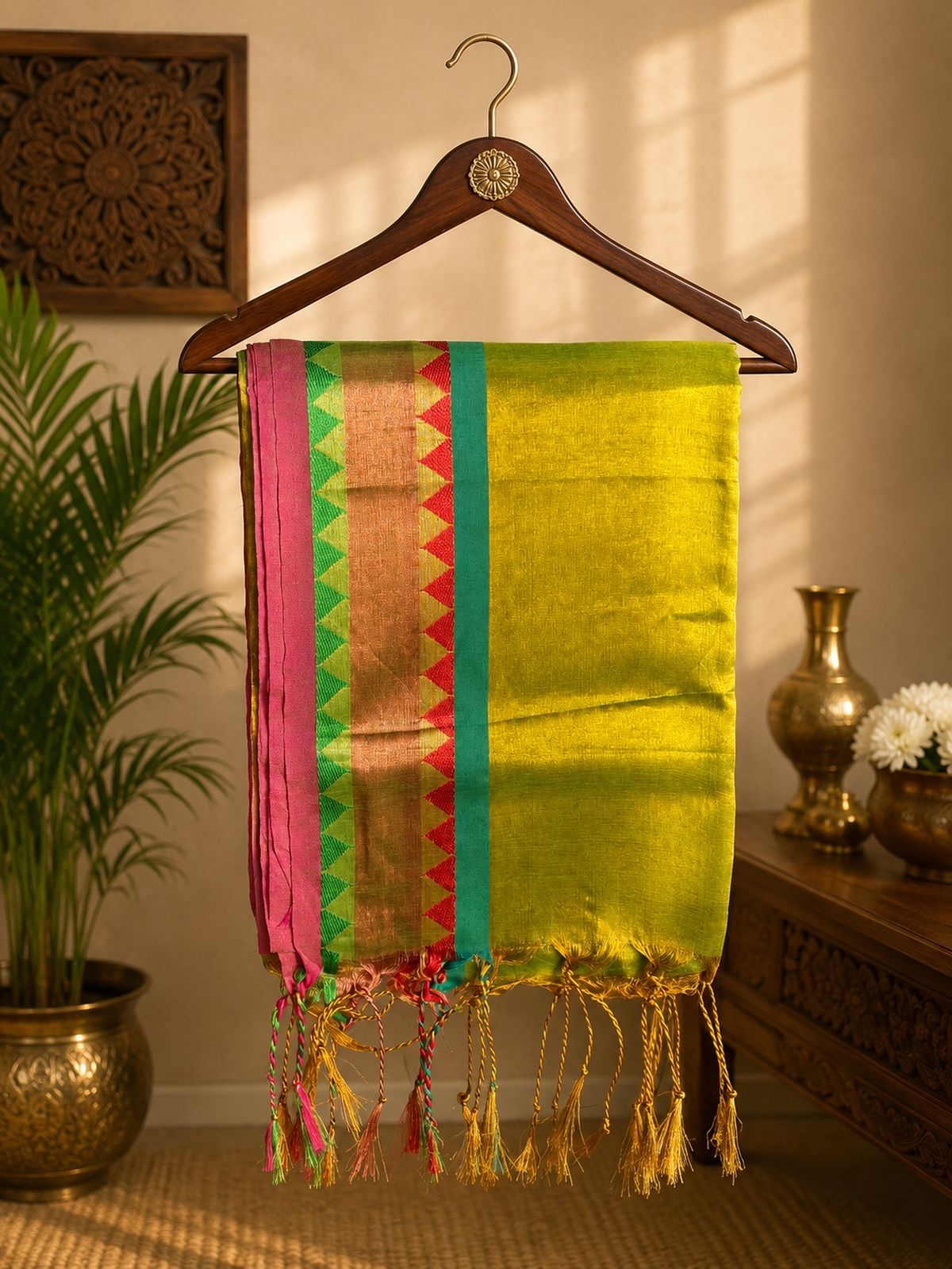 Parrot Green Gold Soft Tissue Jacquard Saree with Multicolor Temple Border Party Wear Festive Wear