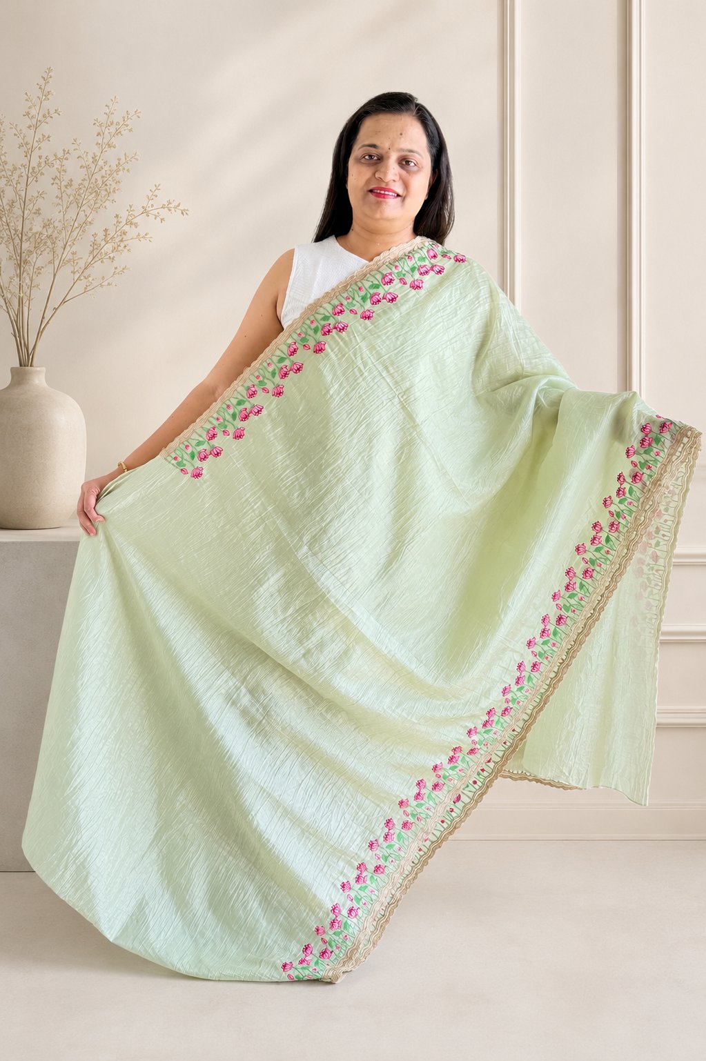 Pastel Green Crush Silk Saree with Floral Embroidery
