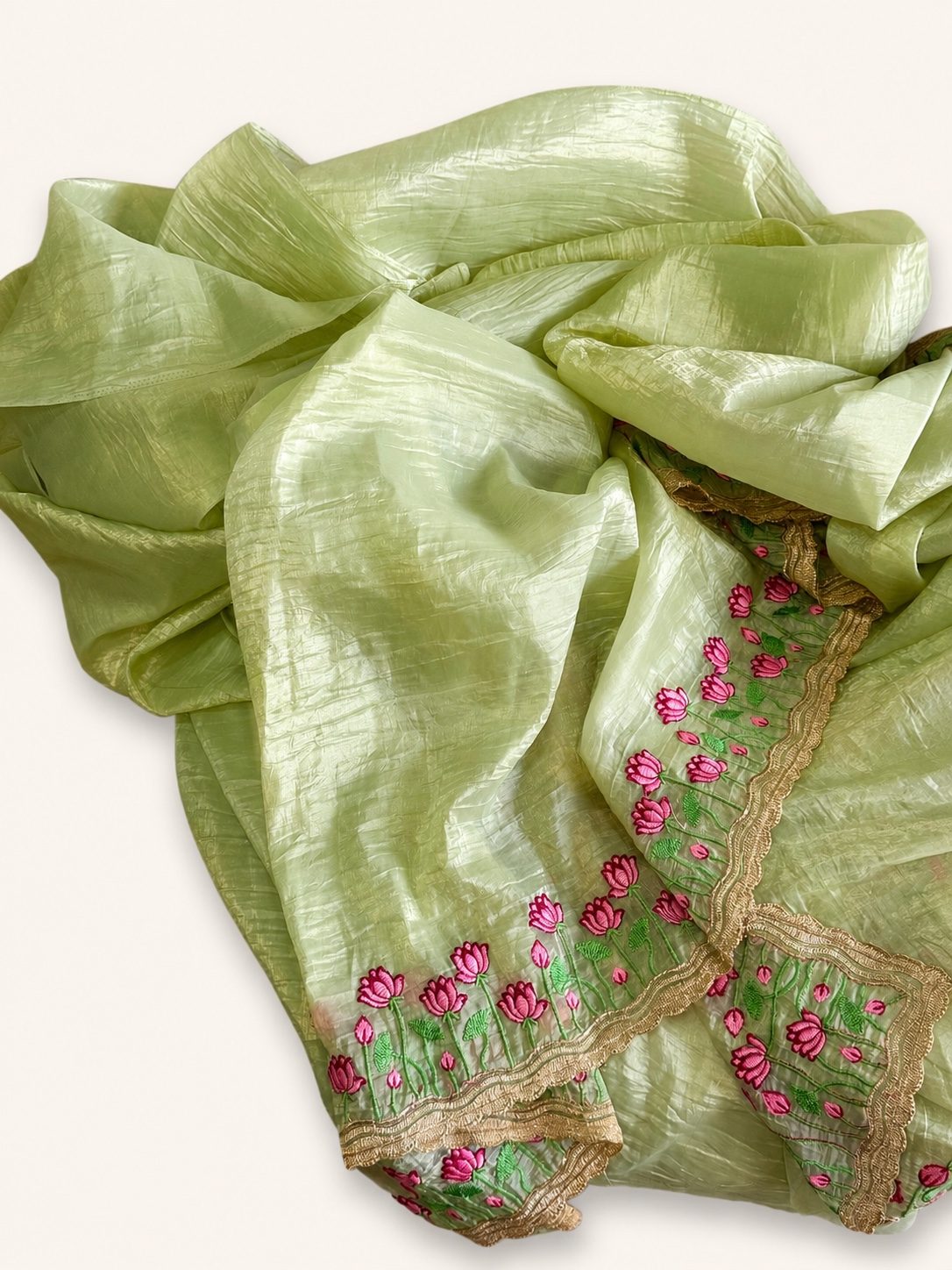 Pastel Green Crush Silk Saree with Floral Embroidery