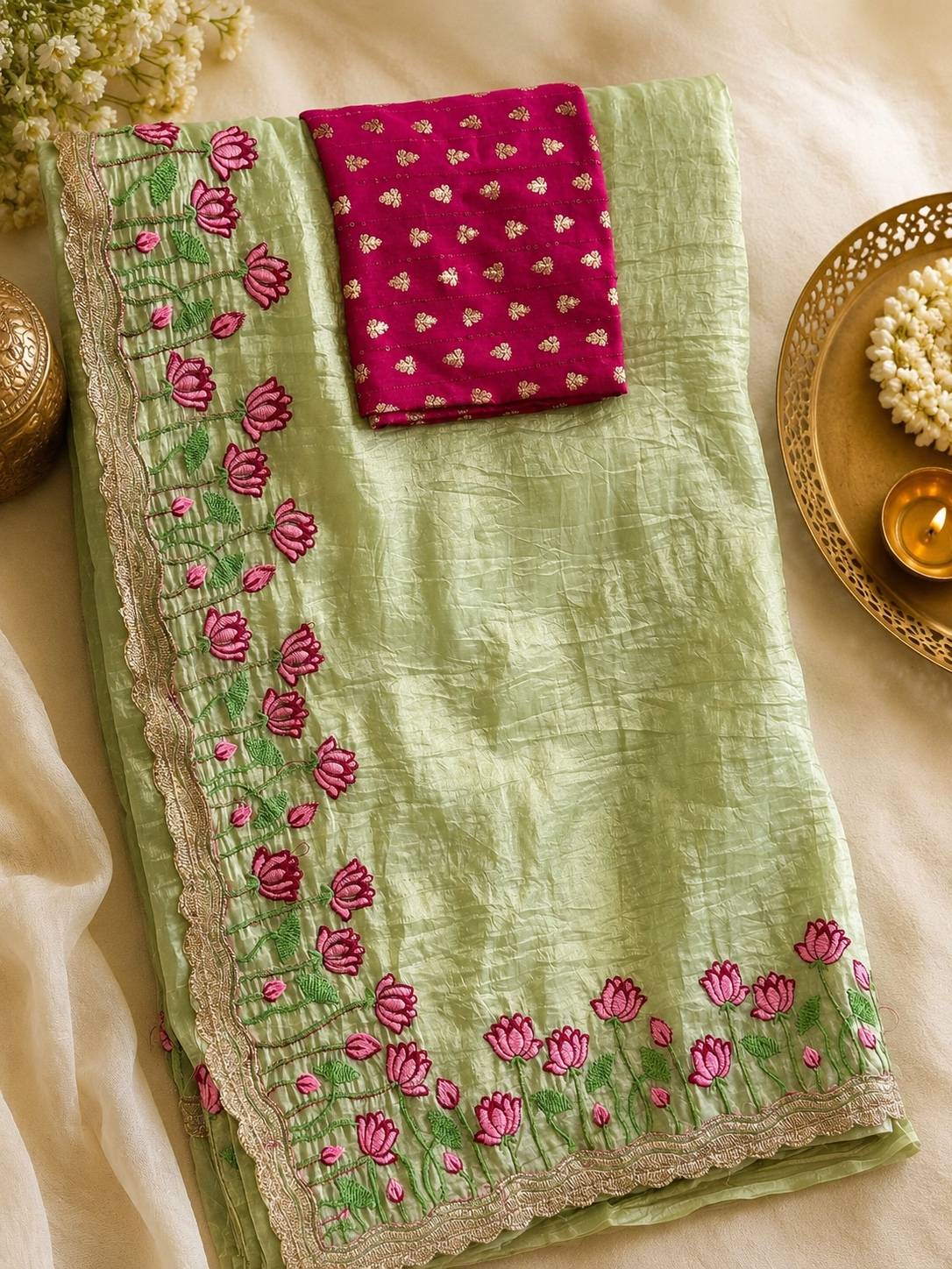 Pastel Green Crush Silk Saree with Floral Embroidery
