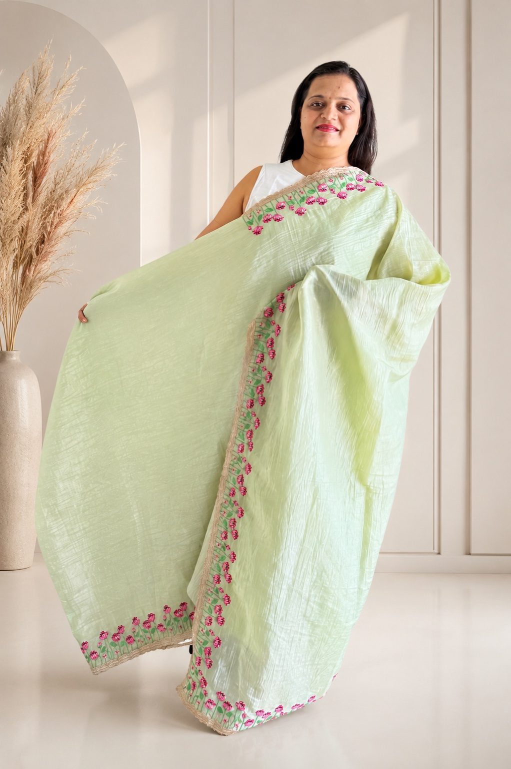 Pastel Green Crush Silk Saree with Floral Embroidery