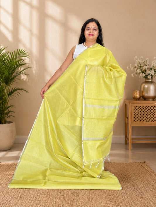 Pastel Lemon Yellow Banarasi Cotton Tissue Soft Silk Saree with Silver Zari Stripes