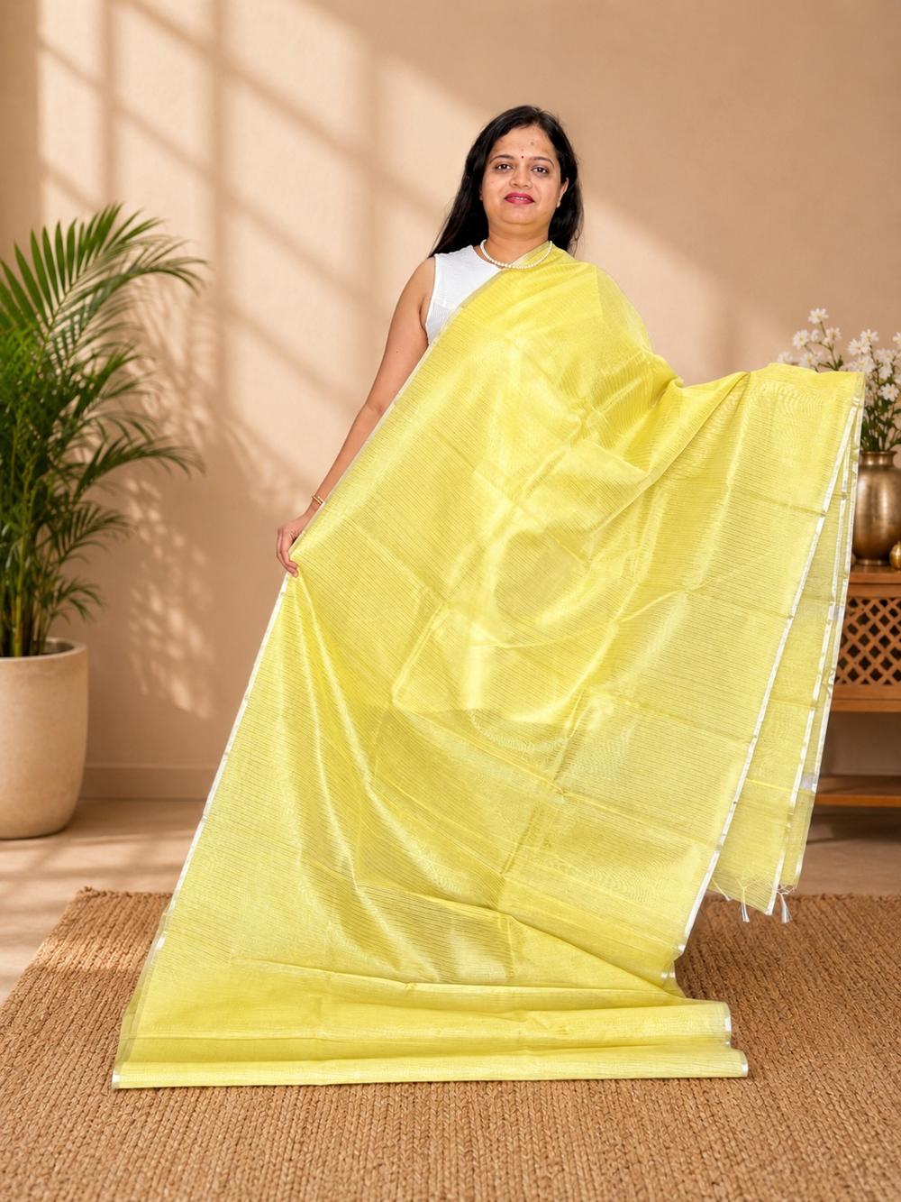 Pastel Lemon Yellow Banarasi  Tissue Saree