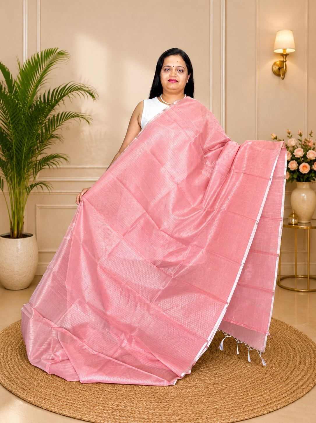 Pastel Peach Pink Banarasi Cotton Tissue Soft Silk Saree with Silver Zari Stripes