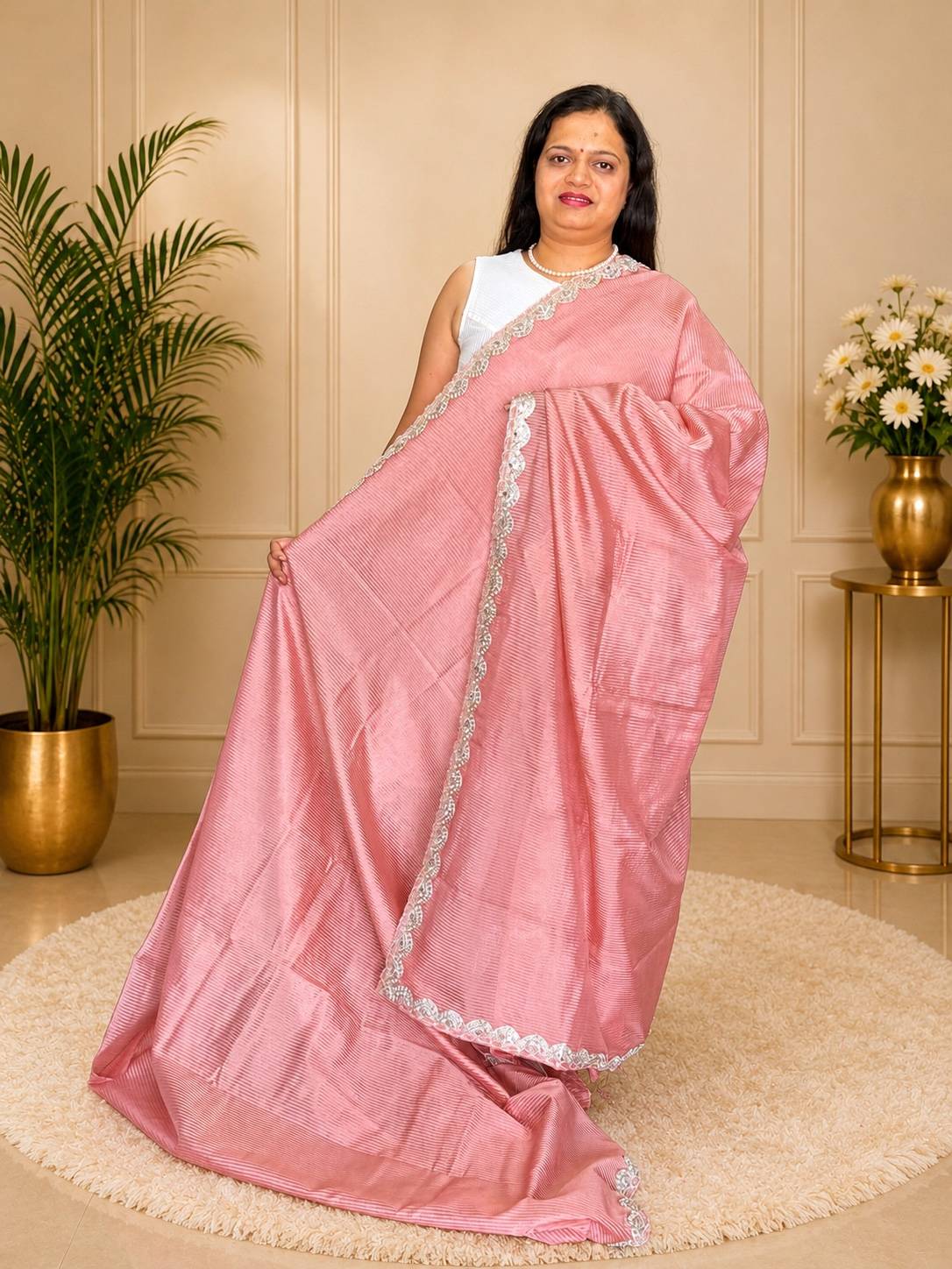 Pastel Peach Pink Banarasi Soft Tissue Silk Saree with Stripe Weaving & Designer Pearl Lace Border