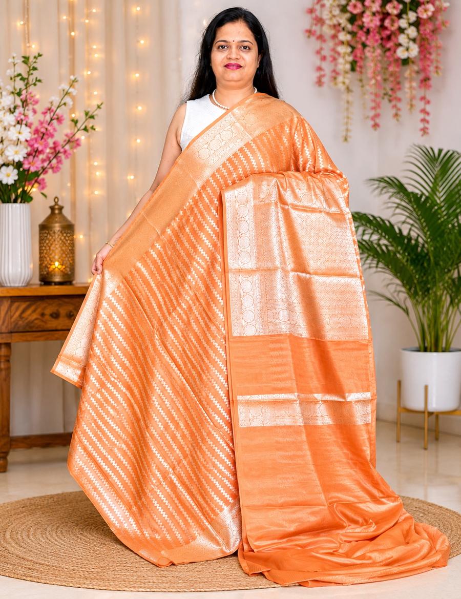 Peach Banarasi Semi Dupion Warm Silk Fancy Saree with Zigzag Zari Lines