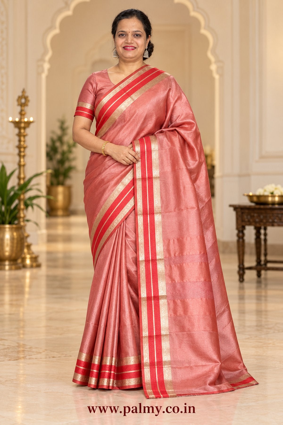 Peach Coral Plain Banarasi Tissue Silk Saree with Red & Gold Zari Border