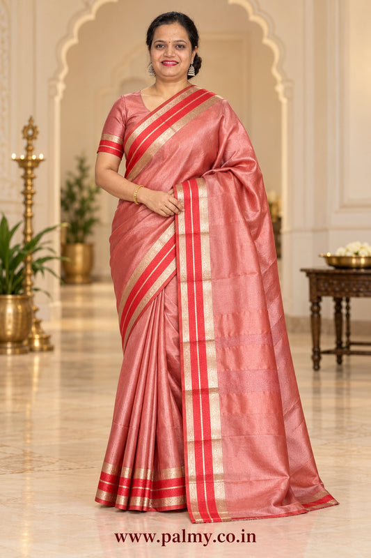Peach Coral Plain Banarasi Tissue Silk Saree with Red & Gold Zari Border