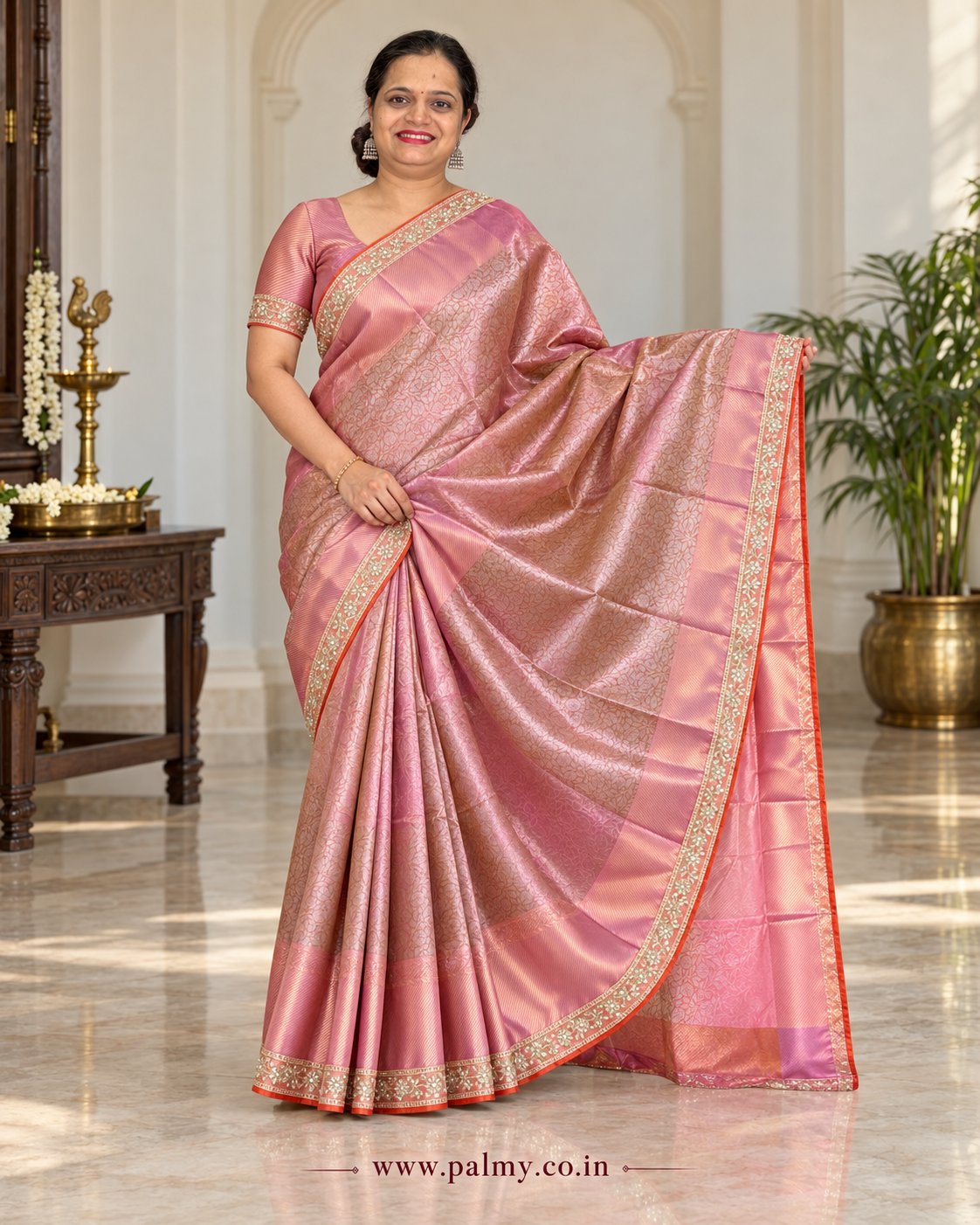 Peach Pink Floral Banarasi Half Tissue Silk Saree with Zari Pallu & Gota Patti Border