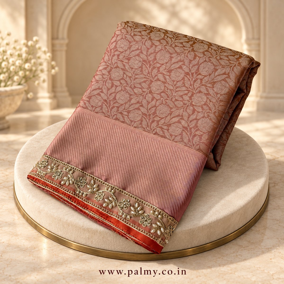 Peach Pink Floral Wedding Wear party wear saree