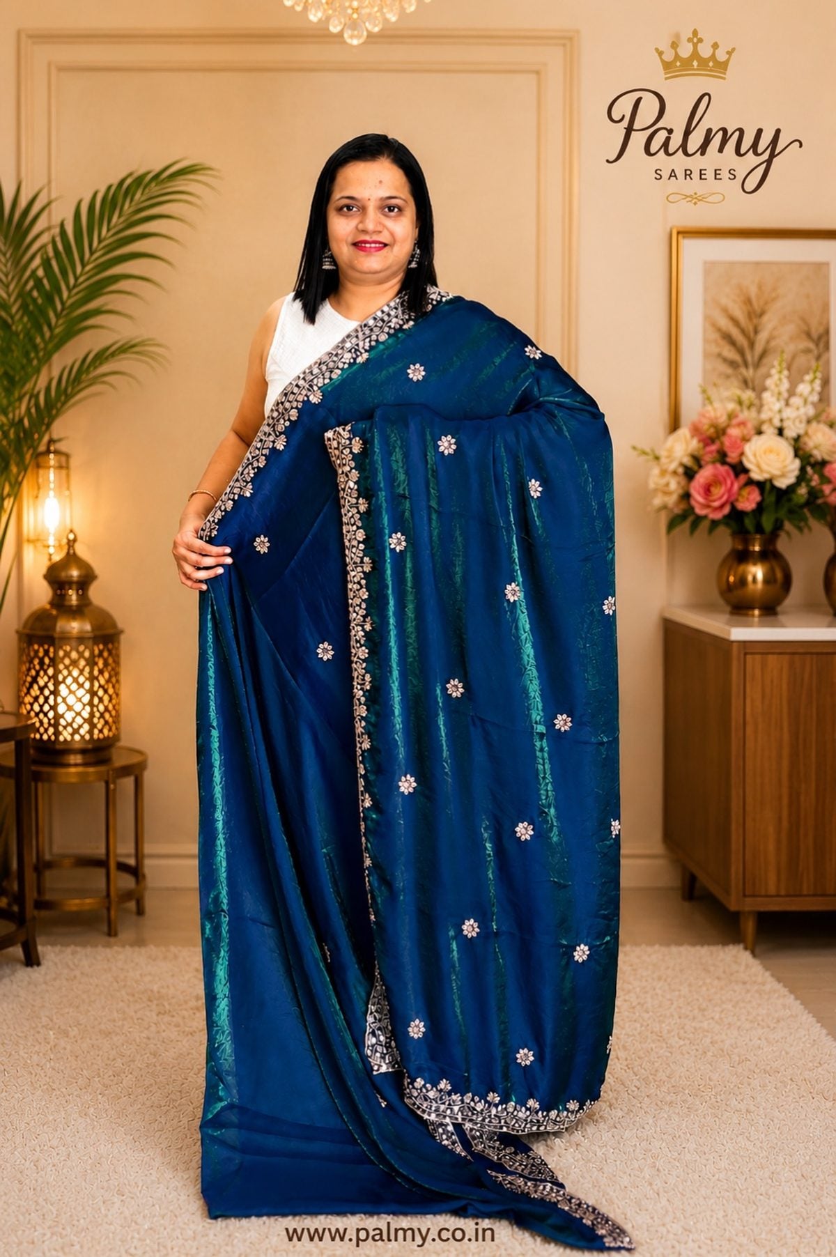 Peacock Blue Space Silk Saree with Velvet Shine & Floral Sequin Embroidered Border
