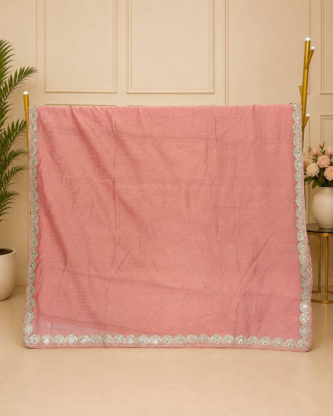 Pastel Peach Pink Banarasi Soft Tissue Silk Saree with Stripe Weaving & Designer Pearl Lace Border